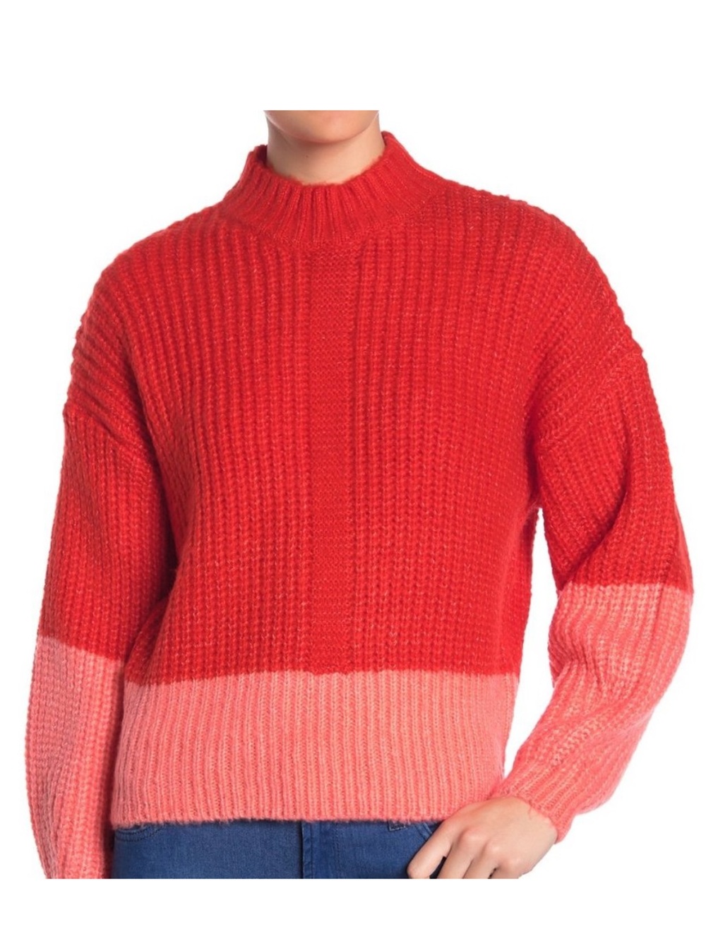 Elodie Chunky Knit Colorblock Mock Neck Sweater Orange Pink